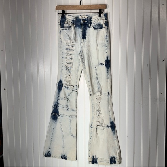 Y2K AP Blue Patchwork Flare Jeans Distressed Bleach Wash Size 5 (27) Festival - Picture 1 of 7
